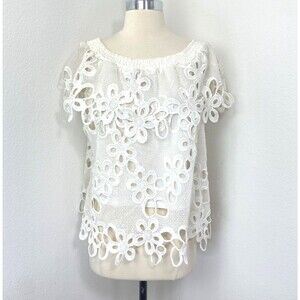 Vivid Importers White Embroidered Cutout Floral Blouse Top Large Boho Peasant